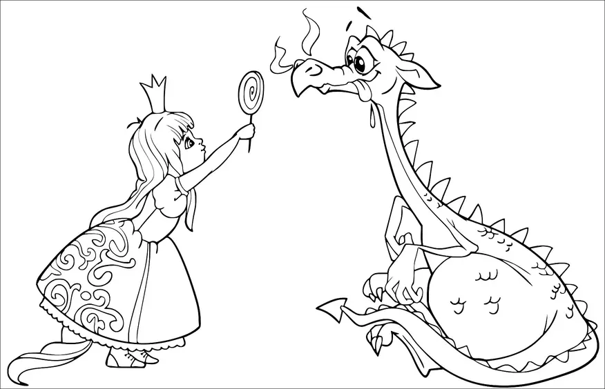 A young girl wearing a crown offers a lollipop to a large, surprised dragon. The dragon looks somewhat confused and is drooling slightly. The girl's dress is adorned with intricate patterns. The dragon appears to be sitting with a curious expression.