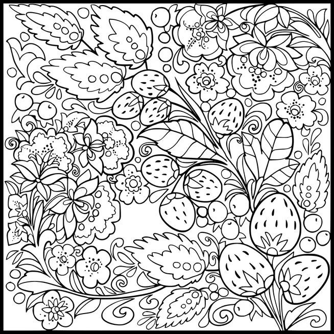 A vibrant collection of flowers, leaves, and strawberries is intricately arranged with swirling patterns and diverse floral designs. Various berries are interspersed among the foliage, creating a lively, garden-like scene. The composition showcases a harmony of natural elements and playful motifs. The design is rich with diversity in plant shapes and details.