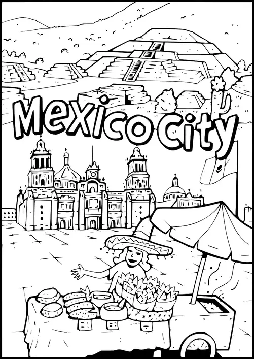 Mexico City is depicted with a mix of modern and ancient elements, showcasing a famous cathedral and an Aztec pyramid in the background. A street vendor wearing a sombrero stands in the foreground, surrounded by a cart and an array of traditional Mexican food, such as tacos and tamales. The Mexican flag flies nearby, adding a sense of national pride. The city's name is prominently displayed in bold letters above the scene.