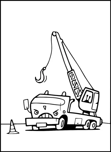 A cartoon-style crane truck with an expressive face and an extended hook. There is a traffic cone nearby. The truck appears to be situated on a paved area. The scene gives a playful vibe.