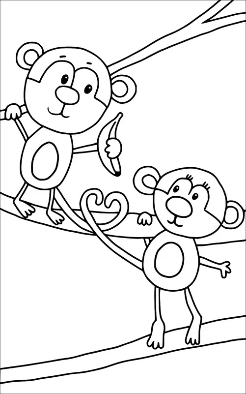 Two monkeys are playfully hanging from tree branches. One of the monkeys is holding a banana. Both have cheerful expressions, with their long tails curling around the branches. The background consists of simple lines indicating tree branches.