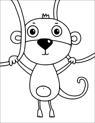 A playful monkey is hanging from tree branches with a cheerful expression. Its curly tail and round belly are prominent features. The background is simple and highlights the monkey. This scene captures the monkey in a playful pose.