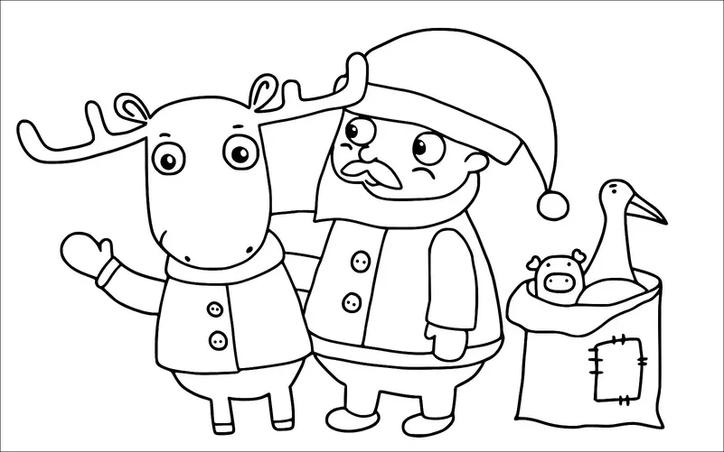 Santa Claus stands beside a cheerful reindeer, both looking forward with smiles. They are accompanied by a large sack filled with a toy and a long-necked bird peeking out. Santa wears his signature hat and coat, while the reindeer sports a scarf. The scene suggests a festive, Christmas theme.