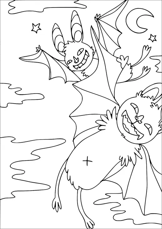 Two playful bats with large ears and big smiles fly through a night sky. They are surrounded by stars, a crescent moon, and wispy clouds. The bats have distinctive striped patterns on their ears. The scene is dynamic and lively.