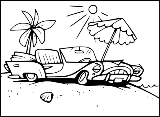 A convertible car is parked on a beach next to a palm tree, with a sun umbrella providing shade. The sun is shining brightly in the sky. A seashell lies on the sandy ground in front of the car. The scene suggests a relaxed and sunny beach day.