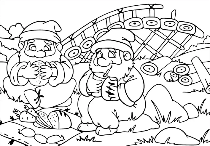 Two gnomes are seated on the grass enjoying a picnic, surrounded by cut logs. One gnome is holding a sandwich, while the other sips from a cup with a straw. A picnic spread of carrots and sliced bread is laid out on a cloth. In the background, there is a wooden fence and more logs.