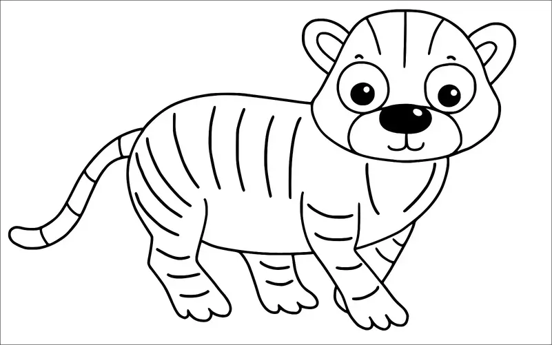 A cartoon tiger is standing with a cheerful expression, displaying its stripes and long tail. Its large eyes and small ears give it a playful look. The tiger's body and limbs are rounded, emphasizing its friendly appearance.