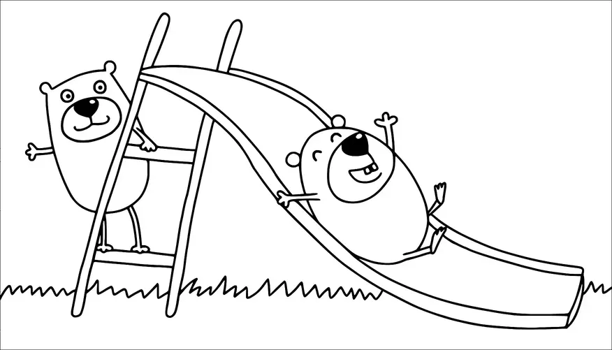 Two bears are playing with a slide in a grassy area. One bear is joyfully sliding down with arms up, while the other is climbing the ladder. They both appear to be having fun. The setting is outdoors on a sunny day.