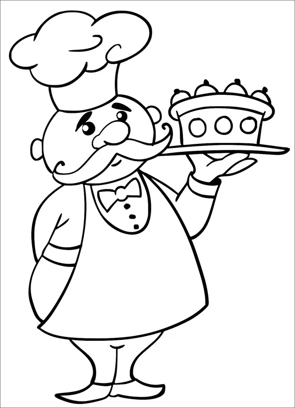 A chef with a large mustache and a tall hat is holding a tray with a cake. The chef has a friendly expression and is wearing an apron and a bow tie. The cake on the tray is decorated with small round designs and topped with dollops of cream. The chef appears jolly and content, proudly presenting the dessert.