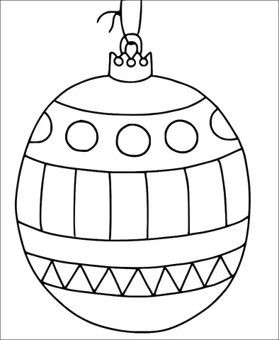 A Christmas ornament hangs from a hook, featuring decorative patterns and circles. The ornament includes sections of straight lines and triangles. It has a small top cap design.