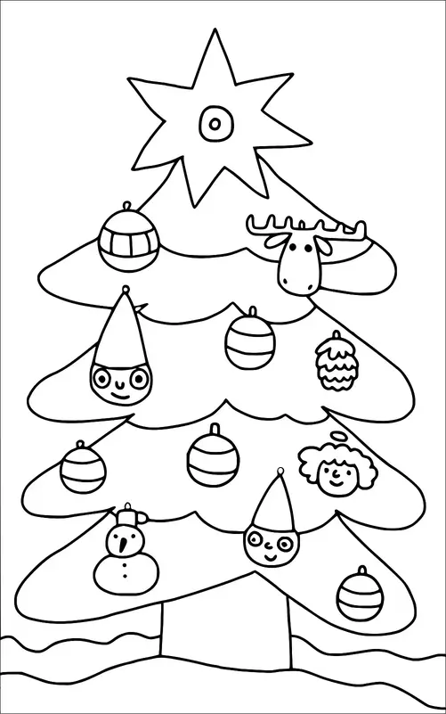 A Christmas tree is decorated with various ornaments, including baubles, a reindeer head, a snowman, and two gnome-like figures. A large star sits atop the tree. The tree stands on a snowy base. It has a whimsical appearance with smiley and playful characters.