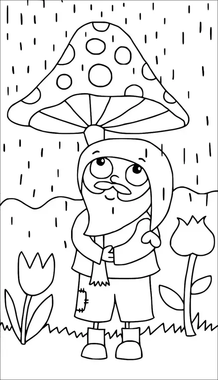 A bearded gnome stands holding a large spotted mushroom like an umbrella in the rain. He wears a long hat and patched pants. Surrounding him are two flowers and a grassy landscape. The background shows raindrops falling from the sky.