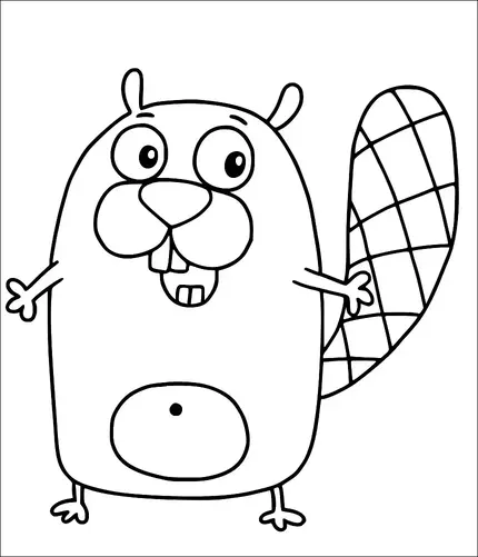 A cartoon beaver stands with its arms outstretched, featuring large eyes and prominent front teeth. It has a characteristic flat, textured tail. The beaver appears cheerful and welcoming. Its belly is round, and the overall look is friendly and playful.