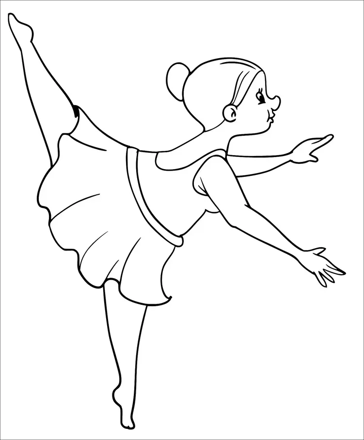 A young female ballet dancer is performing an arabesque pose, balancing gracefully on one leg with the other leg extended high behind her. Her arms are outstretched, and her hair is pulled back into a bun. She is wearing a sleeveless dress with a flowing skirt. Her expression is focused and serene.