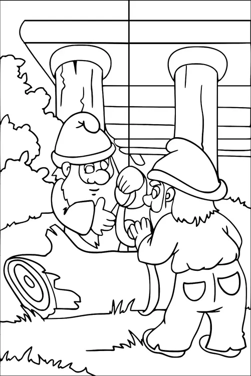 Two gnomes are engaged in a thumb wrestling match in front of a large wooden log. They are outdoors, surrounded by grass and trees. One gnome gestures with a thumbs-up, while the other focuses on the match. A wooden structure with pillars stands in the background.