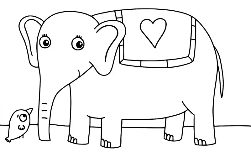 An elephant with a heart-shaped pattern on its back is standing on the ground. A small bird is positioned near the elephant’s trunk, appearing to interact with it. The elephant has large, expressive eyes and detailed ears. The simple background consists of a single line suggesting the ground.