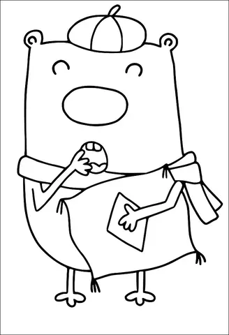 A cartoon bear wears a beret and a scarf, holding a paper in one hand. It stands upright with a surprised expression, biting its nails. The bear's large nose and simple facial features give it a playful appearance. Its ears, small legs, and tail are visible, contributing to its whimsical look.