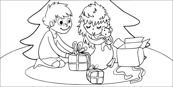 Two children sit near a Christmas tree, surrounded by presents. One child is opening a gift while the other hugs a teddy bear. An open box and ribbon are next to them. The atmosphere is joyful and festive.