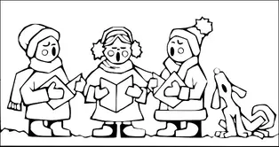 Three children in winter clothing stand together, holding songbooks and singing. There is a dog sitting beside them, looking in their direction. The children are wearing hats, scarves, and coats, indicating a cold weather setting. The background suggests a snowy landscape.