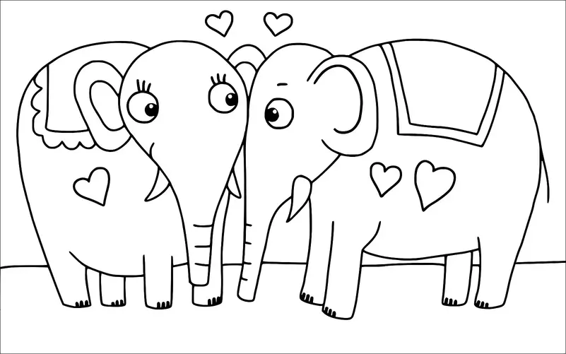 Two elephants stand facing each other, each decorated with heart shapes on their bodies. The elephant on the left has eyelashes and a scalloped back cloth, while the one on the right has a rectangular back cloth. Hearts float above them, indicating affection. They appear to be in a simple, minimalistic setting.