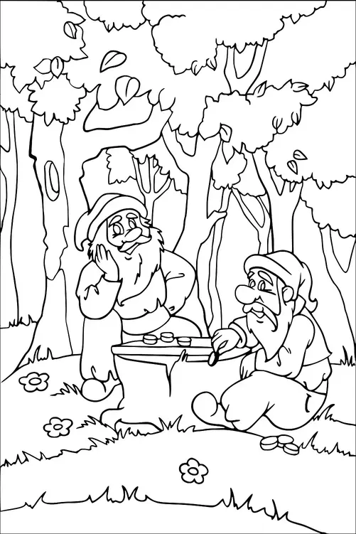 Two gnomes are in a forest setting, sitting on a grassy patch, playing a board game on a tree stump. One gnome is leaning on his hand thoughtfully while the other makes a move. They are surrounded by trees and a few scattered flowers. The scene is peaceful and set in a natural environment.