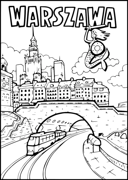 A mermaid with a shield and sword floats above a cityscape labeled "Warszawa". The scene includes the Palace of Culture and Science and historic buildings along a riverbank. A tram emerges from a tunnel in the foreground. Fluffy clouds fill the sky behind the city.