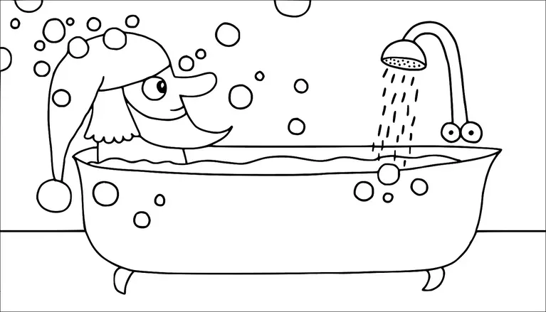 A bearded man wearing a Santa hat is relaxing in a bathtub filled with bubbles. Water is flowing from a showerhead with curious, cartoonish eyes attached to it. The scene is playful and lighthearted, with bubbles floating around. The background is simple, emphasizing the central bathtub scene.