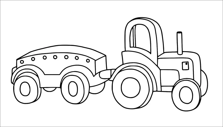 A tractor is pulling a trailer with round shapes on its side. The tractor has large wheels and a visible exhaust pipe. The cab is enclosed with windows, and the trailer is attached with a curved hitch.