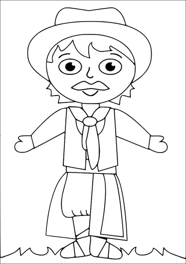 A cartoon-style character is wearing a hat, vest, neckerchief, and knee-length pants, standing on grass. The figure has large eyes and a simple facial expression. The character's arms are outstretched. The clothing style is reminiscent of traditional attire.