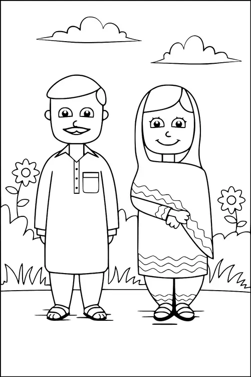 A smiling man and woman are standing together outdoors, surrounded by flowers and grass. Both are dressed in traditional attire, with the man in a kurta and cap, and the woman in a saree with a patterned border. In the background, there are fluffy clouds in the sky. The scene conveys a sense of happiness and cultural pride.