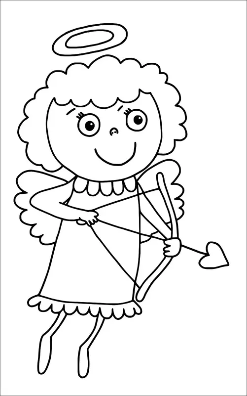 A smiling angel with curly hair is flying while holding a bow and heart-tipped arrow. The angel has a halo above its head and small wings on its back. It wears a simple dress with a frilled hemline. The character has a cheerful facial expression.