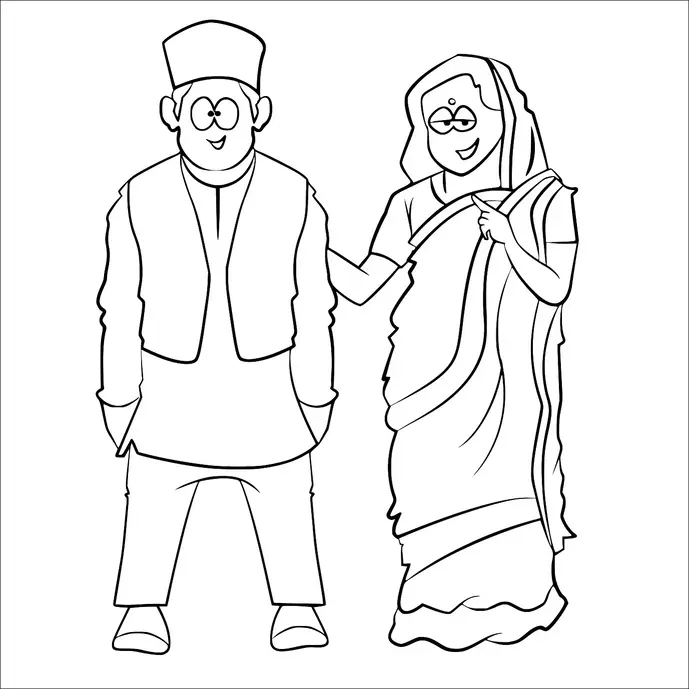 A smiling man and woman stand together, both wearing traditional Indian attire. The man is dressed in a kurta, vest, and cap, while the woman is in a sari. They both have friendly expressions, with the woman placing her hand on the man's shoulder. The image suggests a happy and harmonious relationship.