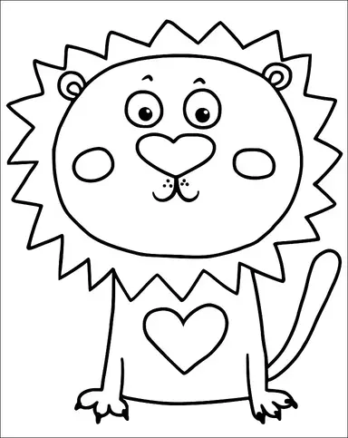 A cartoon lion with a round face and mane has a heart-shaped nose and a heart on its chest. The lion's eyes are wide, and it has small ears. It is sitting down with a tail curved to the left. Its cheeks are round and slightly rosy.