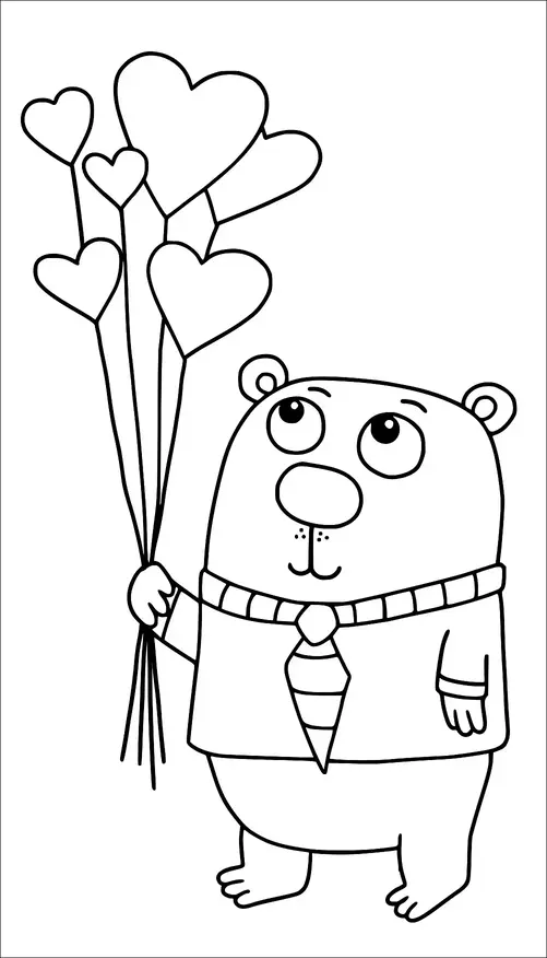 A bear is standing upright, wearing a shirt and tie, holding a bouquet of heart-shaped balloons. The bear has a cheerful and curious expression as it looks upward. The balloons are clustered together, with strings held in the bear's paw. The scene suggests a fun or festive occasion.