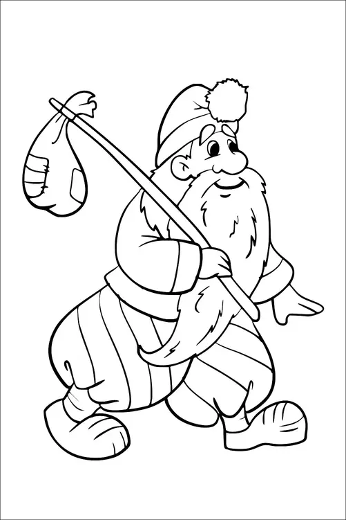 A bearded character wearing a Santa hat walks with a sack slung over his shoulder on a stick. His outfit consists of striped pants and boots. The character has a jolly expression and is looking to the side. He appears to be on a festive journey.