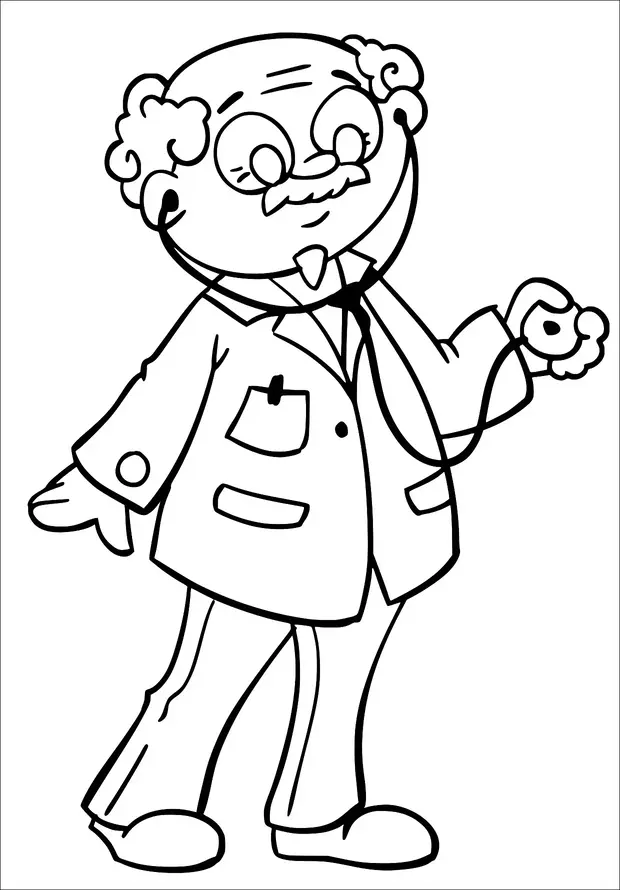 An elderly man with a kind expression is wearing a lab coat and holding a stethoscope. He has curly hair, large round glasses, and a mustache. His stance is cheerful and friendly. The pockets of his coat are visible.