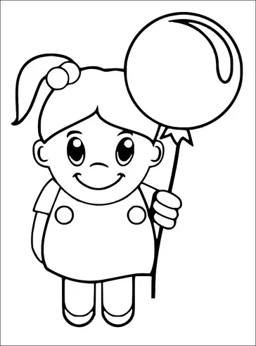 A smiling child with a ponytail holds a large balloon. The child is wearing a dress with circular buttons on the front. The balloon has a shiny highlight on its surface. The child appears cheerful and is standing up.