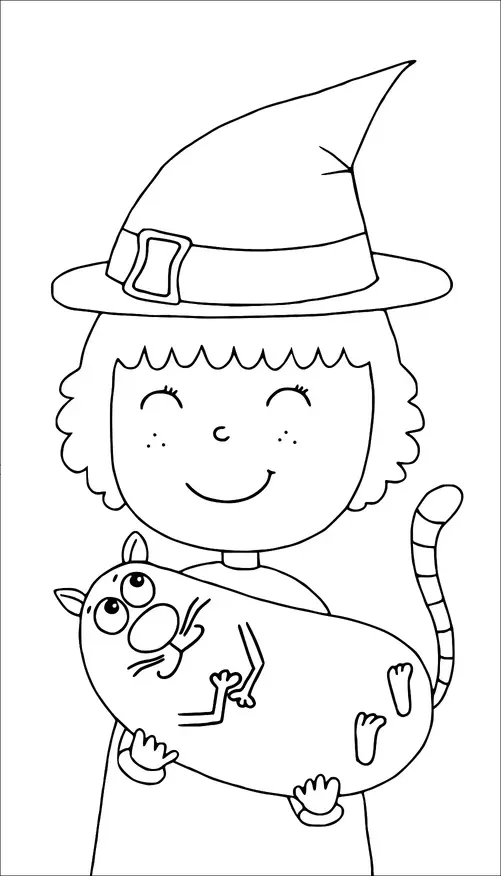 A smiling young witch is holding a plump cat with a striped tail. She is wearing a traditional pointed hat with a buckle. The cat looks content in her arms. Both characters appear cheerful and whimsical.