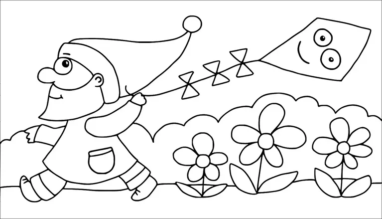 A gnome is joyfully running while flying a smiling kite. He is surrounded by large flowers and shrubs. The gnome wears a pointed hat and a pocketed tunic. The kite has four triangular bows on its string.