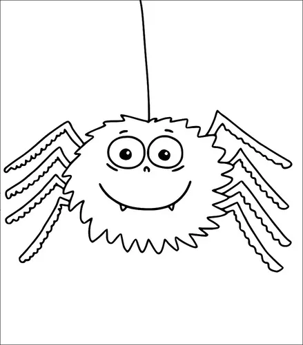 A fluffy spider with six legs and large, friendly eyes hangs from a single thread. The spider has a wide smile and tiny fangs. Its legs are bent at angles and have a slightly zigzag pattern. The background is plain white, emphasizing the spider.