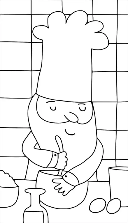 A chef with a tall hat is contentedly stirring a bowl. The chef's eyes are closed, suggesting concentration or enjoyment. On the counter are a bottle, a bowl of ingredients, and two eggs. The background shows a tiled wall.