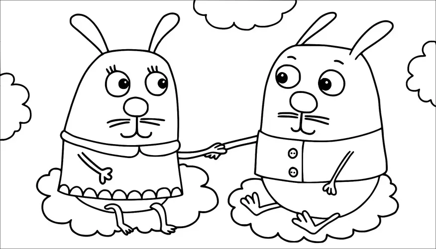 Two cartoon bunny characters are sitting on clouds and holding hands. They have large eyes and are wearing simple clothing. The sky is filled with fluffy clouds, creating a whimsical setting. Both bunnies have long ears and small whiskers.