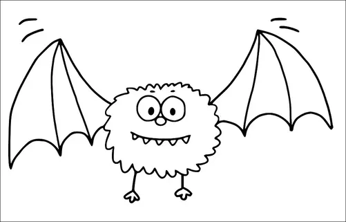 A fluffy creature with large eyes and pointed fangs is flapping its bat-like wings. It has two small legs and appears playful. The creature's expression is friendly and slightly whimsical.