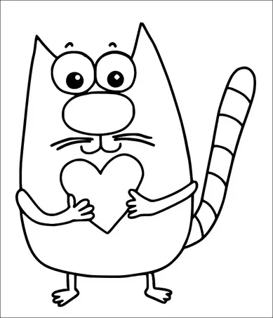 A cartoonish cat is standing upright, holding a heart with both of its front paws. The cat has a round body, large eyes, and a striped tail. Its expression looks cheerful and its whiskers are prominently drawn. The heart is positioned at the center of its body.