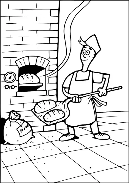 A baker is happily working in a bakery, using a wooden peel to remove freshly baked bread from an oven. The oven is built into a brick wall, and a sack of flour is nearby on the tiled floor. The baker wears a hat and apron, appearing content with his work. Steam rises from the bread, adding to the cozy atmosphere.