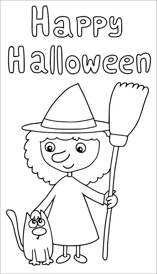 A young witch holds a broom and stands beside a grumpy-looking cat. She wears a pointy hat and a simple dress. The words "Happy Halloween" are written above her. The scene is festive and playful.