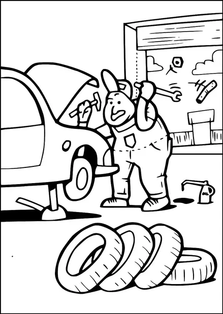 A mechanic is holding a wrench while working on a car with its hood open. Several tires are stacked on the ground nearby. The background includes a wall with a window and a few tools hanging. An oil can is placed on the floor, with oil spilled beneath it.