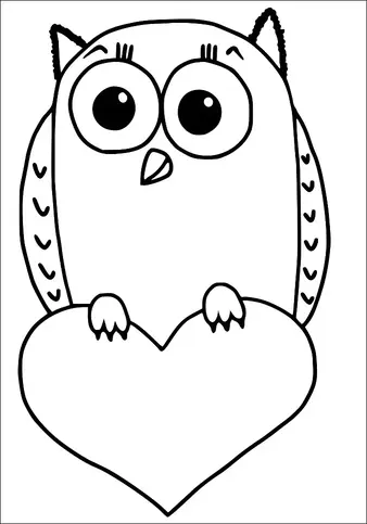 An owl with large eyes is holding a heart shape with its wings. The owl has small feathers on its body and short eyelashes above the eyes. Its wings have a simple pattern of curved lines. The overall expression of the owl appears endearing and whimsical.