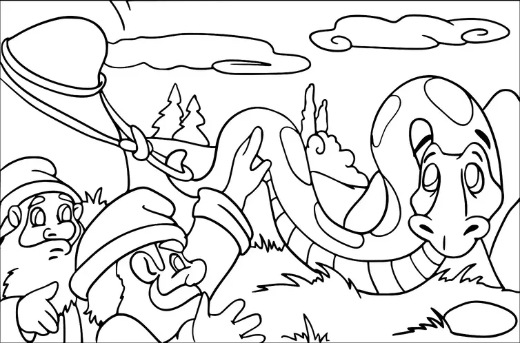 Two gnomes are interacting with a large snake in a forest setting. One gnome holds a net, trying to capture the snake. The scene includes trees and clouds in the background. The snake looks surprised and slightly alarmed.