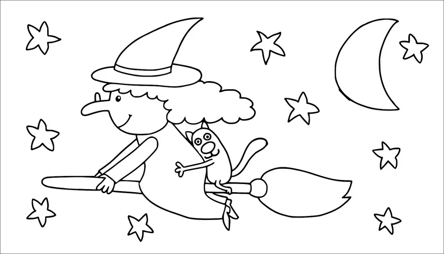 A witch wearing a pointed hat flies on a broomstick through the night sky accompanied by a cat. Stars and a crescent moon surround them, creating a magical atmosphere. The witch has a cheerful expression, and the cat holds onto the broomstick. The scene is lively and captures a whimsical nighttime journey.